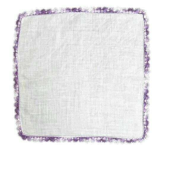 Vintage White Handkerchief Scalloped Edge Purple Crochet Trim Hankie 12x12 - Picture 8 of 9